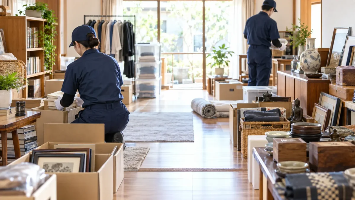 物が多い住まいで価値ある品を確認しながら仕分けるイメージ