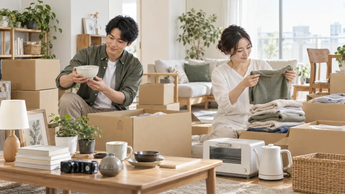 引越し前に売却する品と持っていく品を整理するイメージ