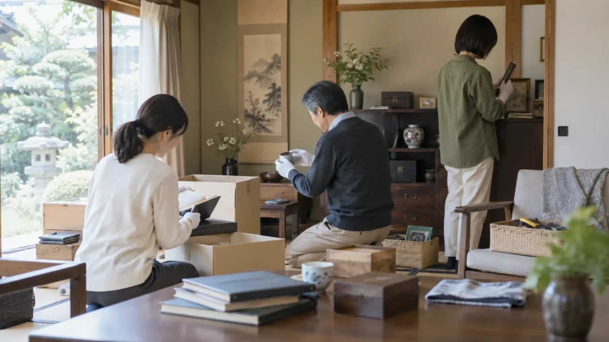 実家の家財を丁寧に確認して仕分けるイメージ