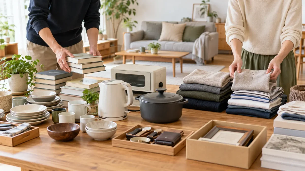 家具や家電、衣類、食器などの家財を種類別に仕分けるイメージ