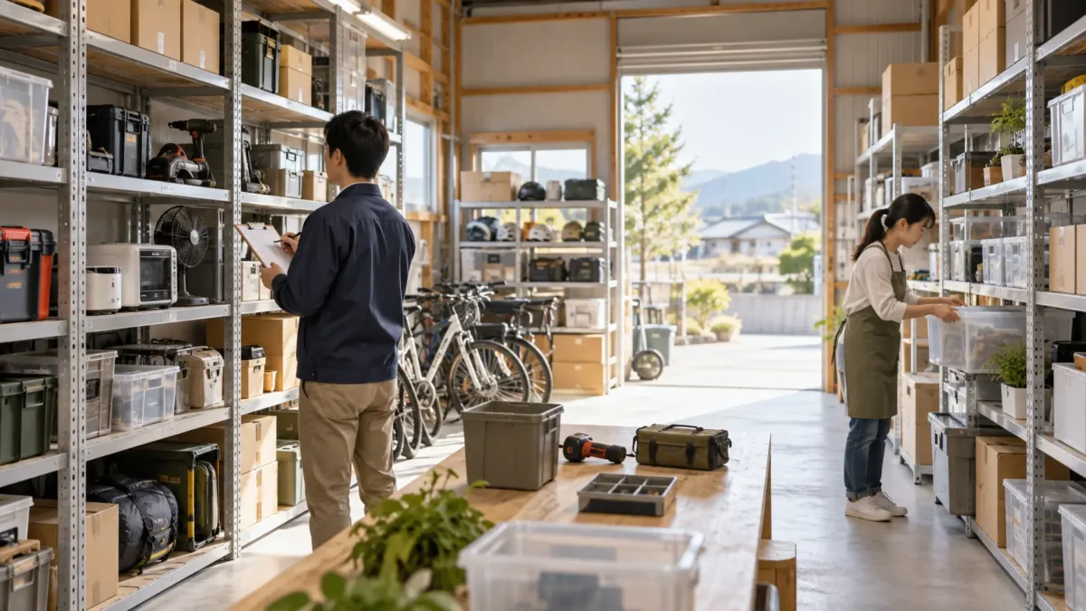 物置や倉庫の工具、家電、自転車などを確認する整理のイメージ