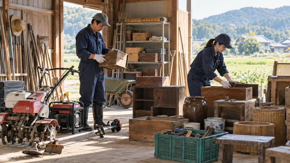納屋で農機具や工具、古道具を一つずつ確認して仕分けるイメージ