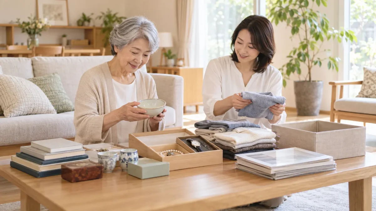 家族で思い出の品を確認しながら進める生前整理のイメージ