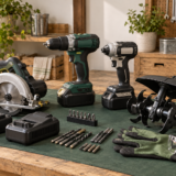 電動工具と農機具を並べた作業台
